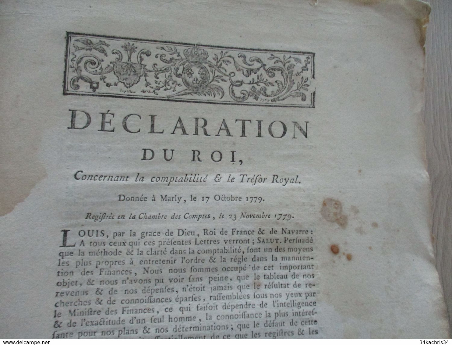 Déclaration Du Roi 17/10/1779 Concernant La Comptabilité Et Le Trésor Royal Mouillures - Decrees & Laws