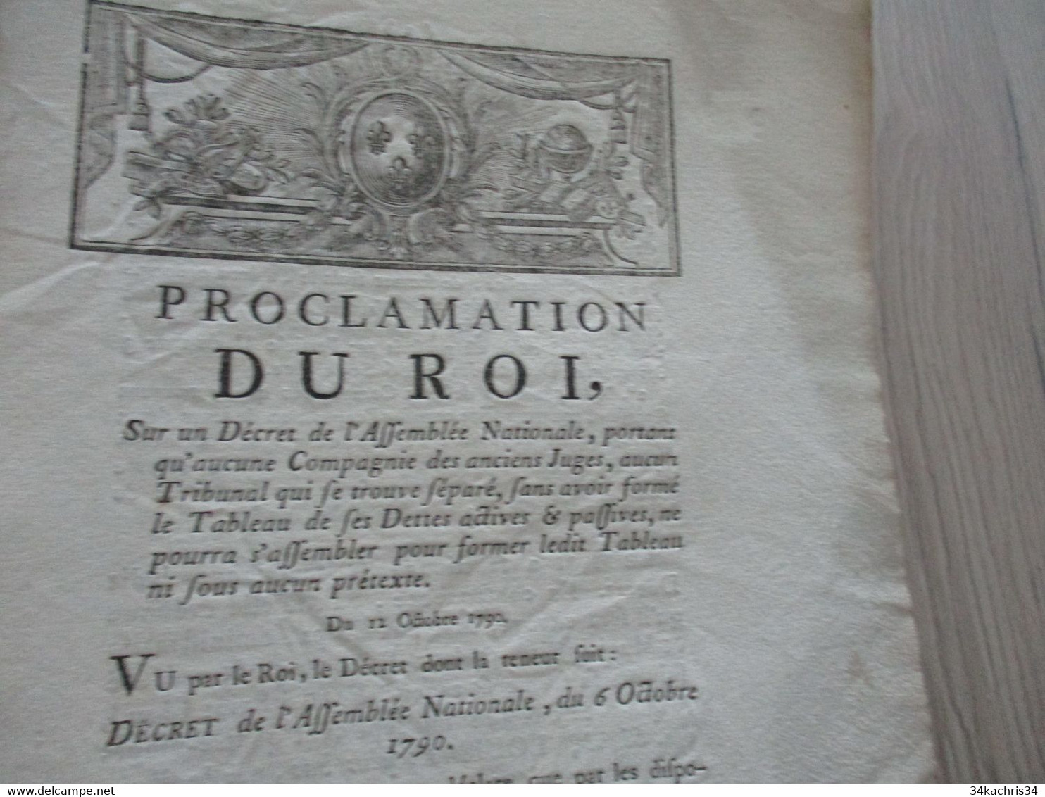 Proclamation Du Roi 12/10/1790 Compagnie Des Anciens Juges Tableau Des Dettes - Decrees & Laws