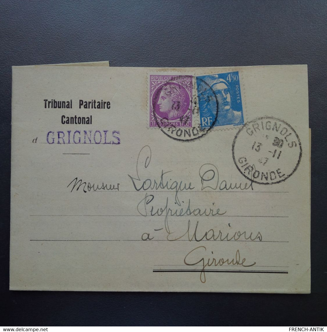 LETTRE GRIGNOLS POUR MARIONS GIRONDE 1947 - Lettres & Documents