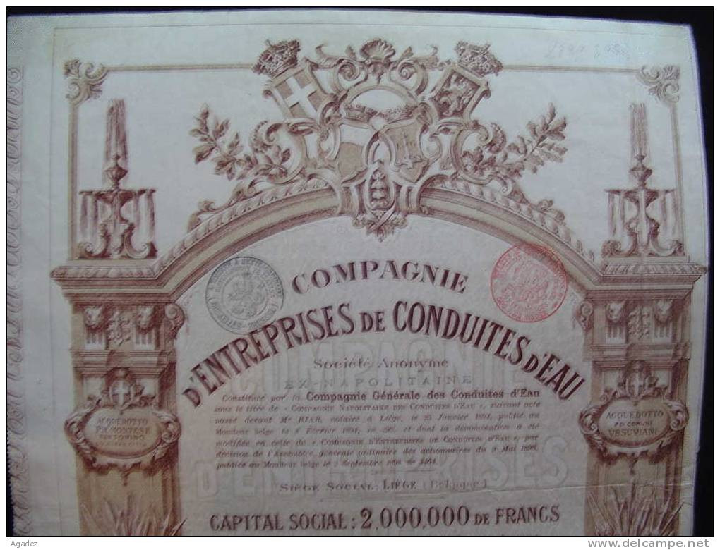 Action Share " Cie D'entreprise Des Conduites D'eau " Liège 1905.water Wasser - Wasser