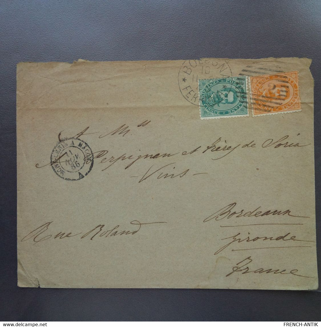 LETTRE BOLOGNA POUR BORDEAUX VINS 1885 - Poststempel