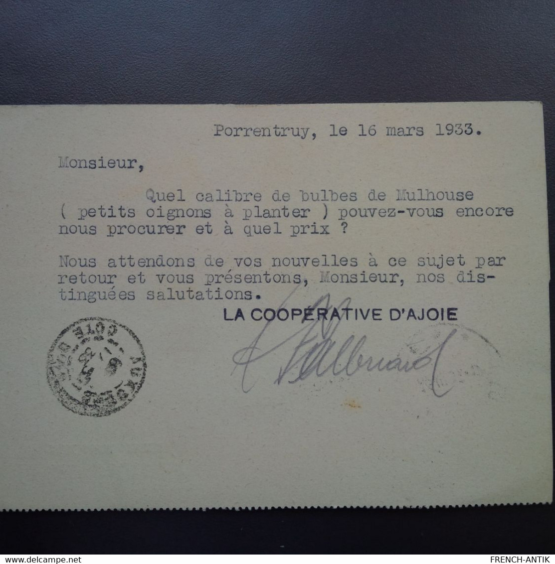 LETTRE PORRENTRUY LA COOPERATIVE D AJOIE POUR AUXONNE 1935 - Lettres & Documents