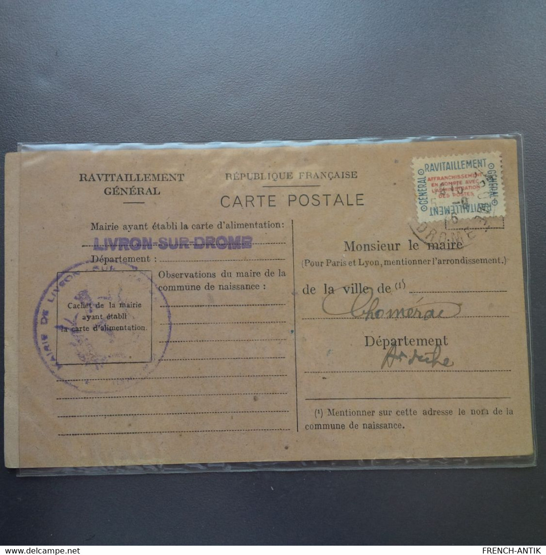 CARTE DE RAVITAILLEMENT LIVRON SUR DROME CHOMERAC 1946 - Lettres & Documents