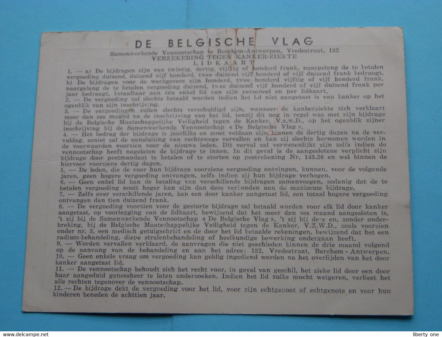 DE BELGISCHE VLAG ( Lidkaart Demoulin 1953 / 54 ) Vredestraat 132 Berchem ANTWERPEN ( Zie Scans ) N° 21376 ! - Other & Unclassified