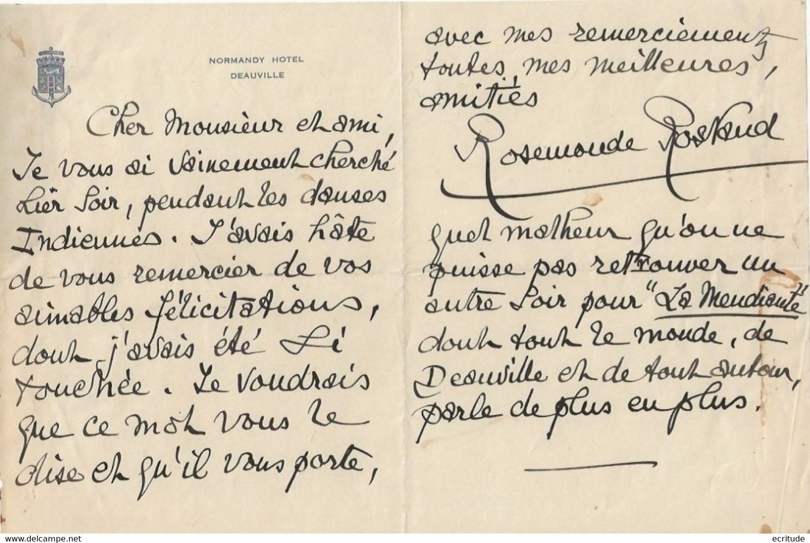 Rosemonde GÉRARD (1866 - 1953) . L.A.S. Sur Papier En-tête " Normandy Hôtel" ,  21 Lignes . Signature Rosemonde Rostand. - Otros & Sin Clasificación