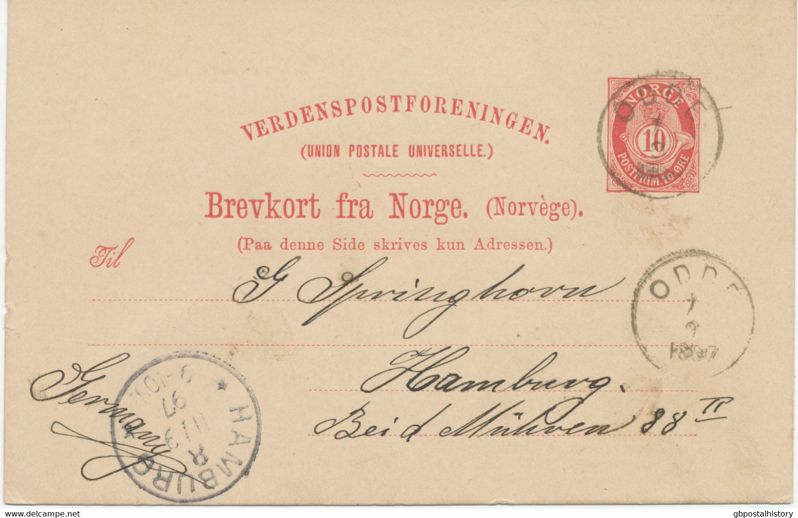 NORWEGEN 1897, 10 Ö Posthorn Kab.-Auslands-GA-Postkarte (Wertstempel In Antigua) Mit Seltene K2 „ODDE“ Nach „HAMBURG“ - Covers & Documents
