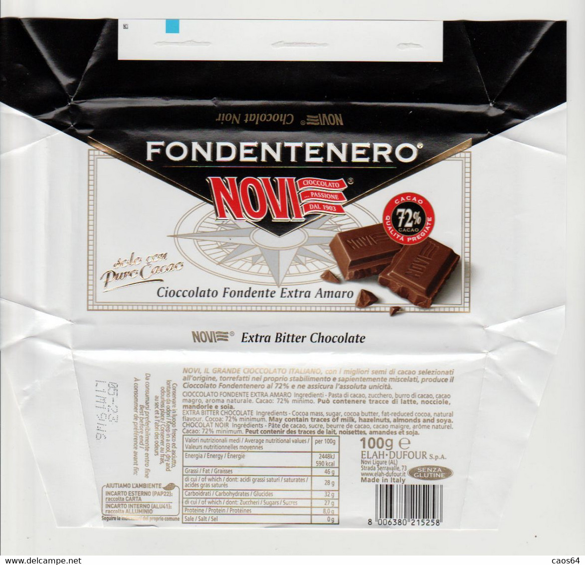 NOVI Fondente  Chocolate 100 G  Confezione Box CARTA  ITALY - Chocolat