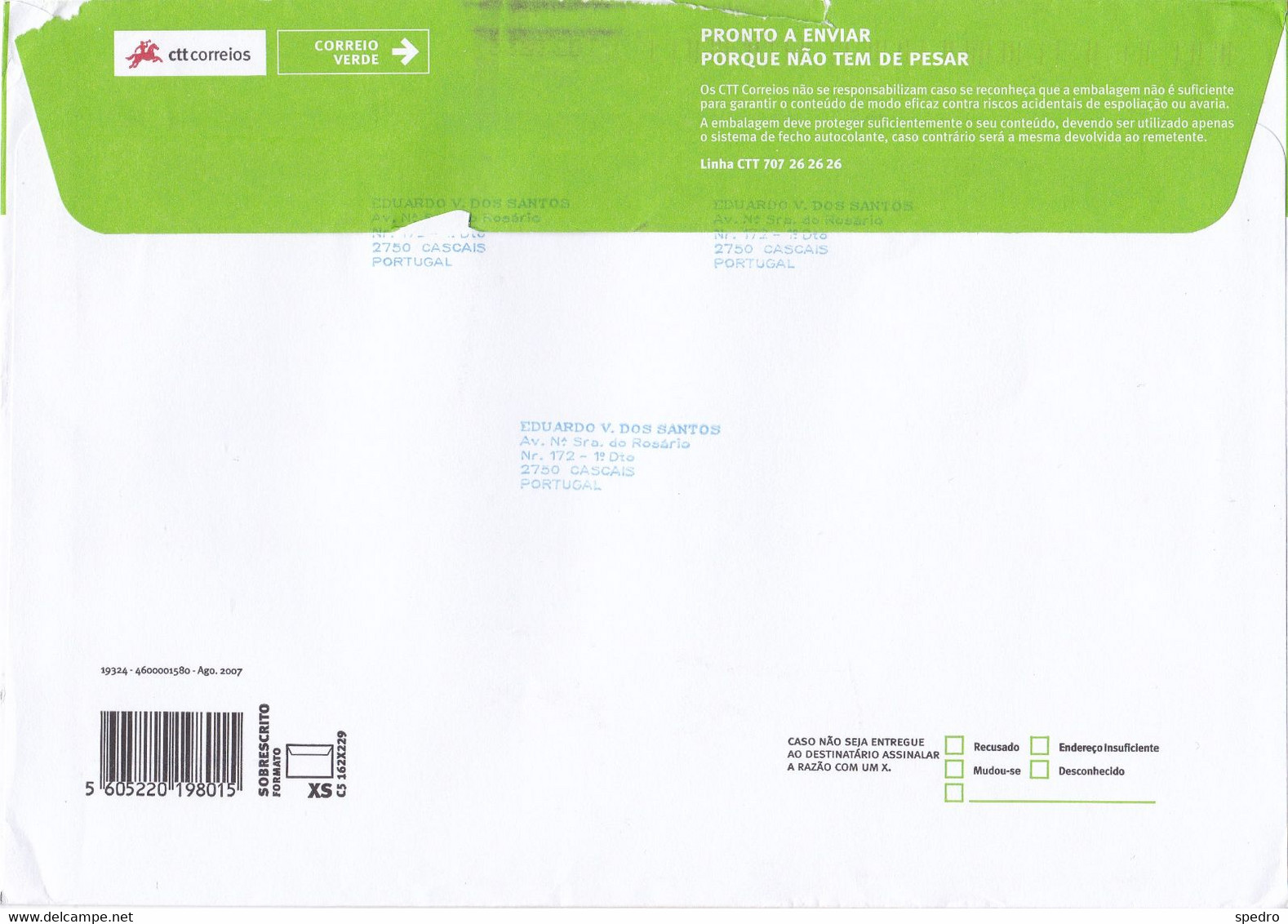 Portugal 2008 Carta Inteira Correio Verde Nacional Marca Dia EC 2 Marginal Cascais - Postal Stationery