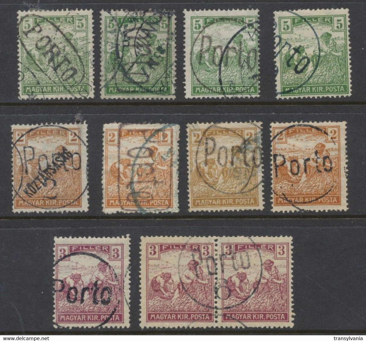 Hungary 1919 Lot Of 11 Definitive Stamps With Local Postage Due PORTO Different Types Of Overprints - Variedades Y Curiosidades