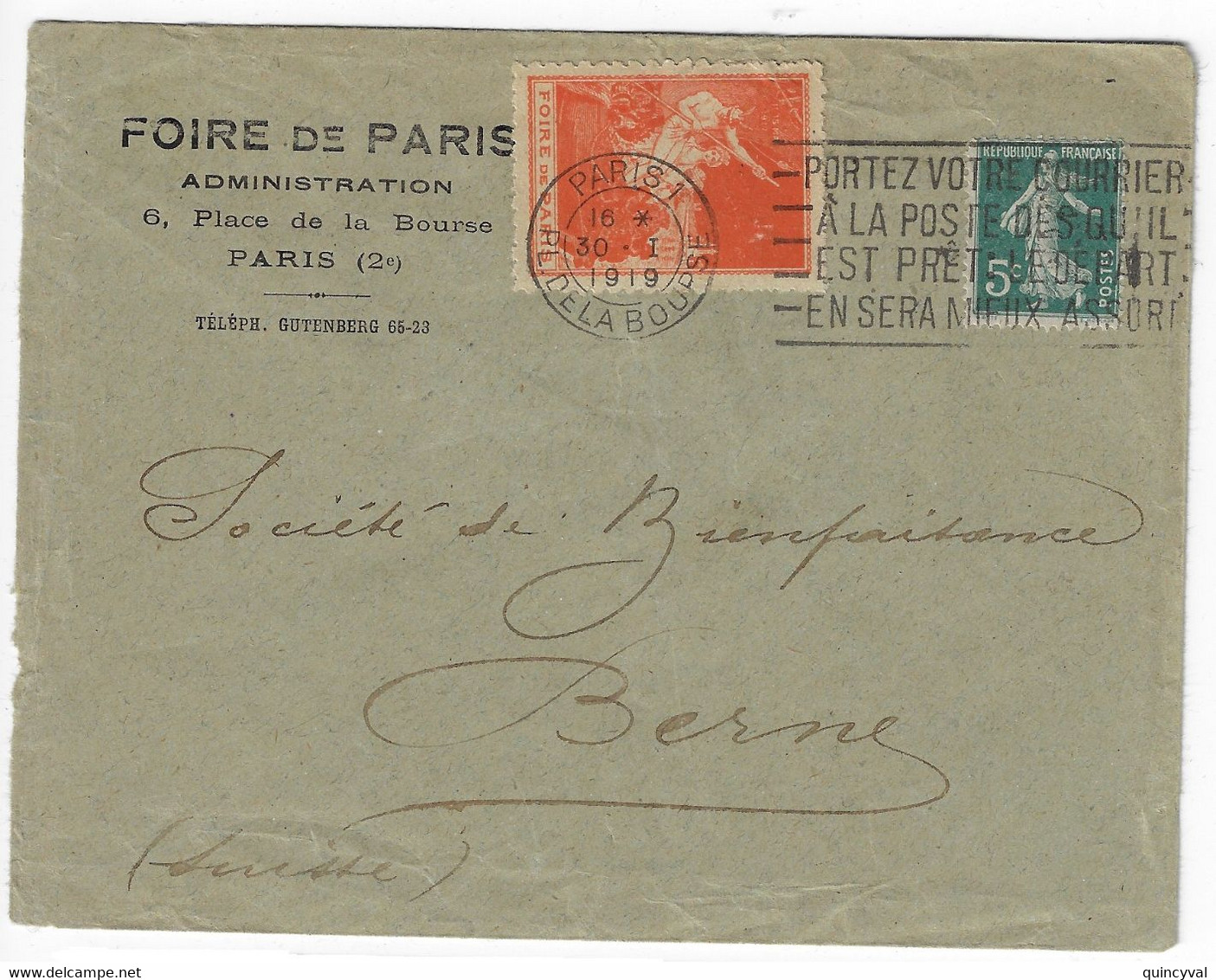 PARIS 1 Bourse Lettre Entête FOIRE De PARI Administration 5c Vert Semeuse Yv 137 Ob Meca Flier B001106 Errinophilie 1917 - Cartas & Documentos