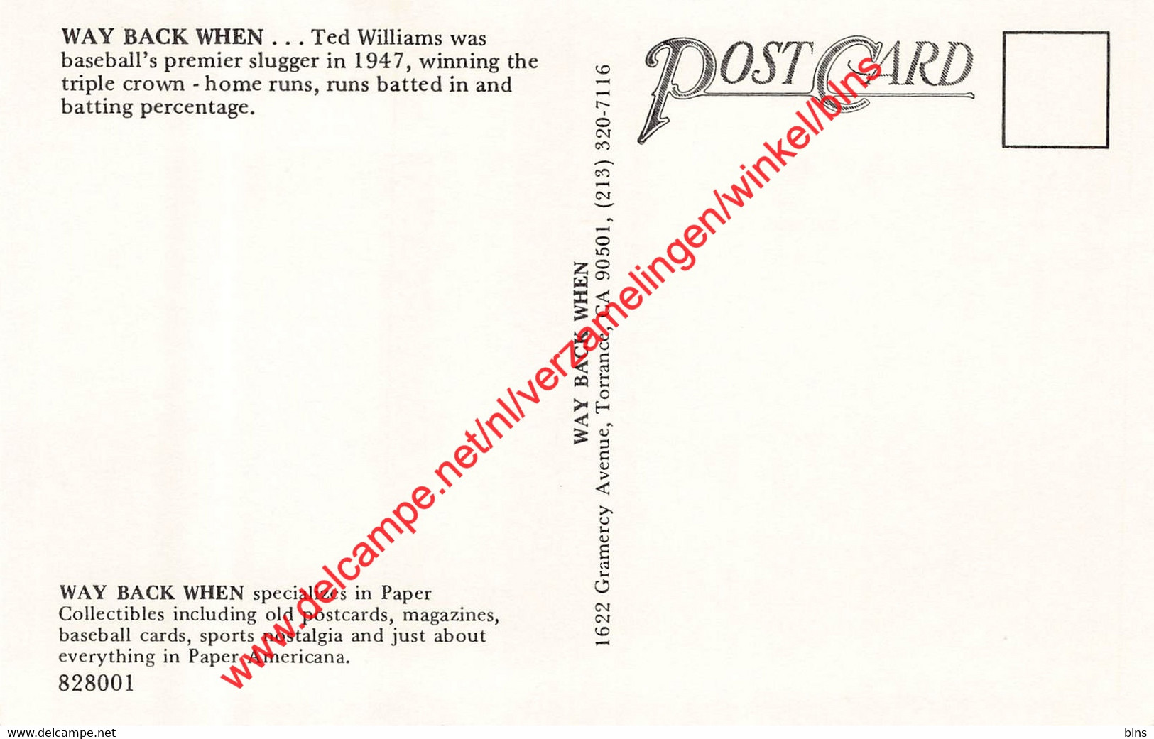 Ted Williams  - Baseball Postcard - Sonstige & Ohne Zuordnung