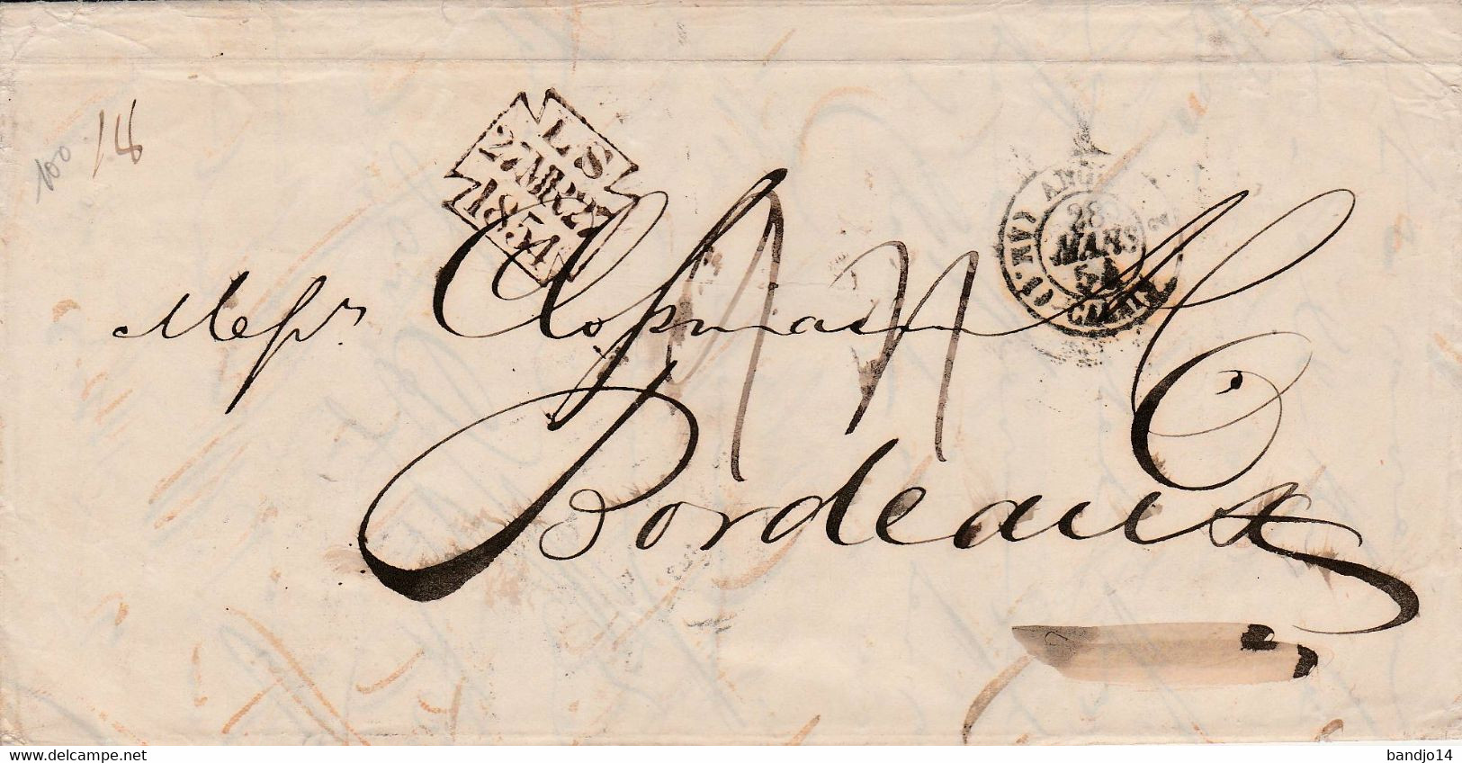 1854 - Lettre De Londres Pour Bordeaux ( Cachet Arrivée Par Calais Et Cachet  "Croix De Malte" - Storia Postale