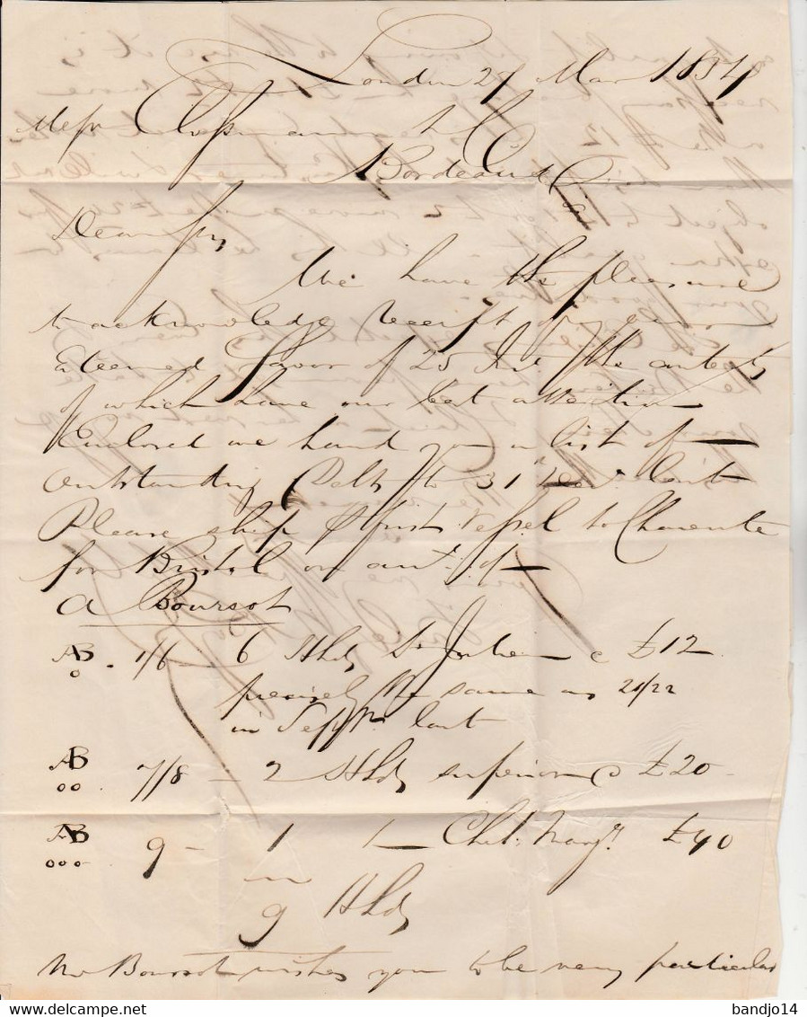 1854 - Lettre De Londres Pour Bordeaux ( Cachet Arrivée Par Calais Et Cachet  "Croix De Malte" - Marcofilie