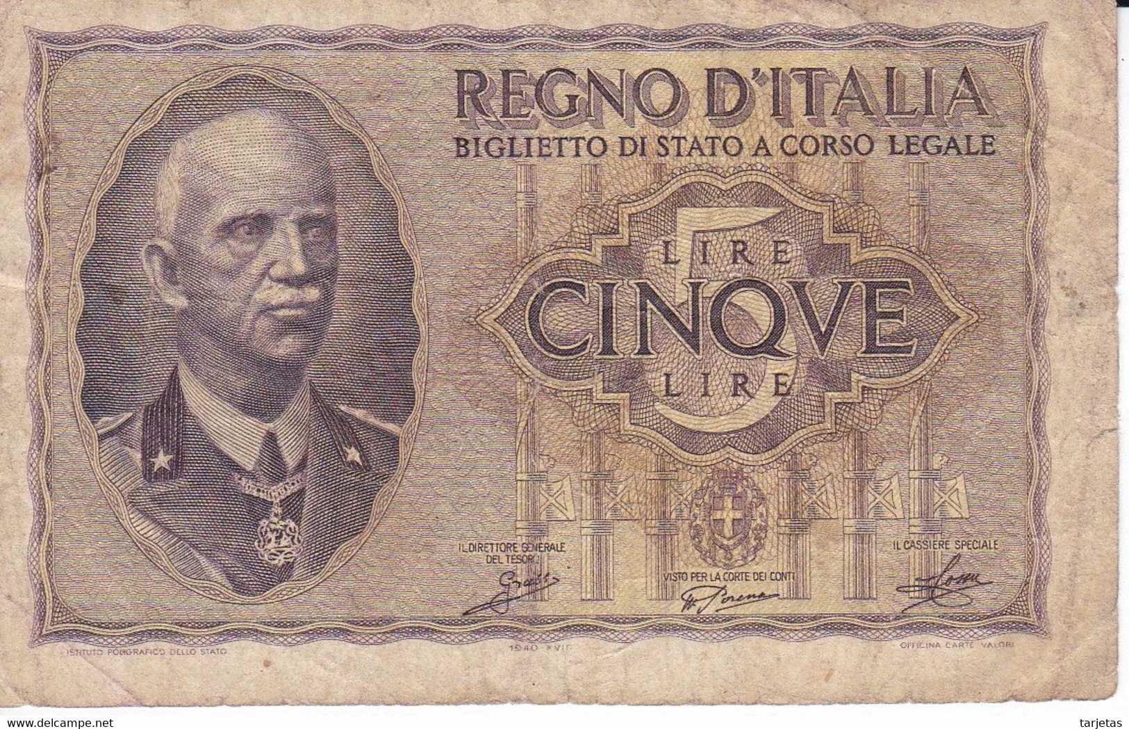 BILLETE DE ITALIA DE 5 LIRE BIGLIETO DI STATO DEL AÑO 1939  (BANKNOTE) - Italië– 5 Lire