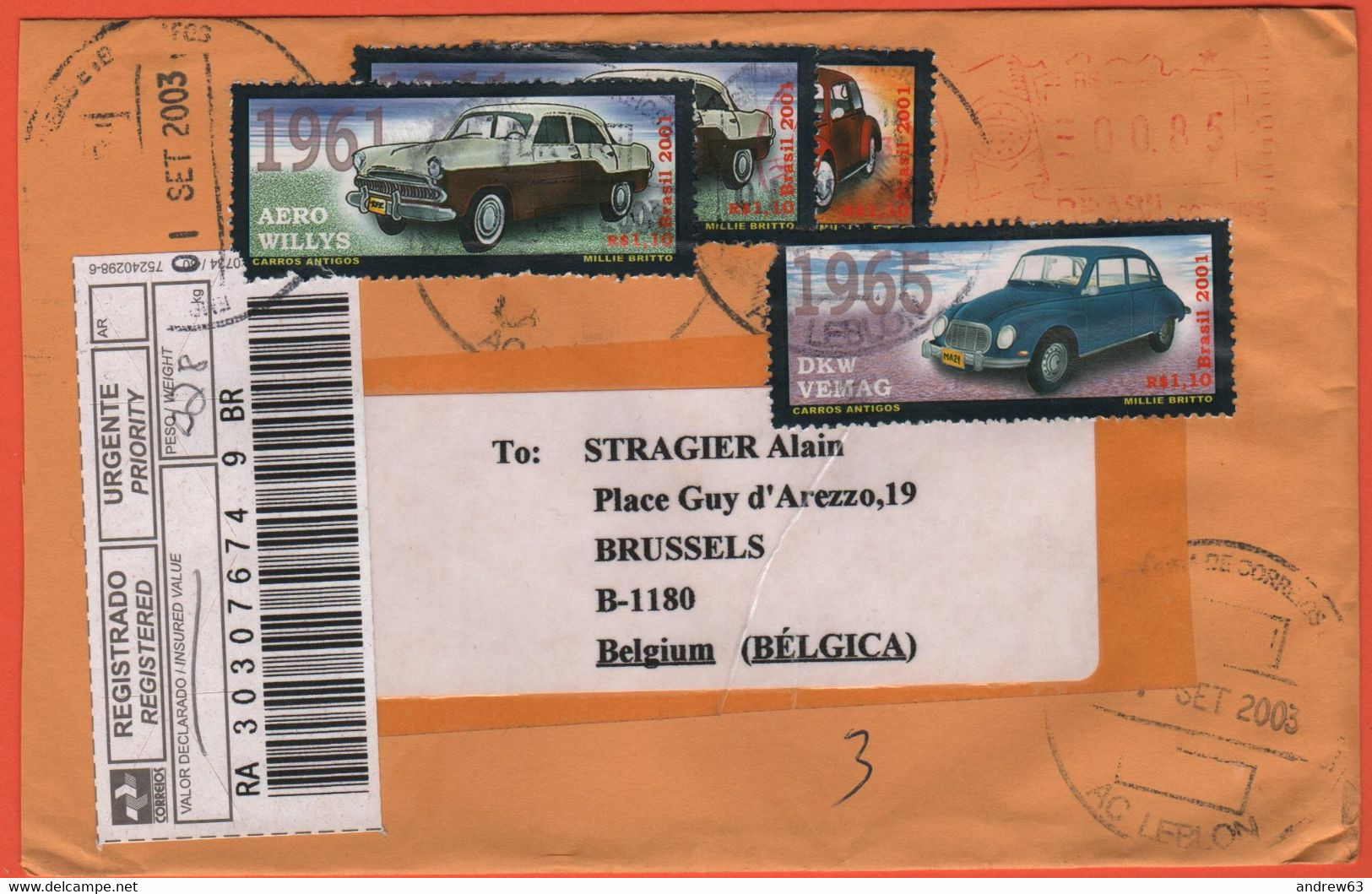 BRASILE - BRASIL - 2003 - 4 X Carros Antigos - Registered - Viaggiata Da Leblon Per Brussels, Belgium - Lettres & Documents