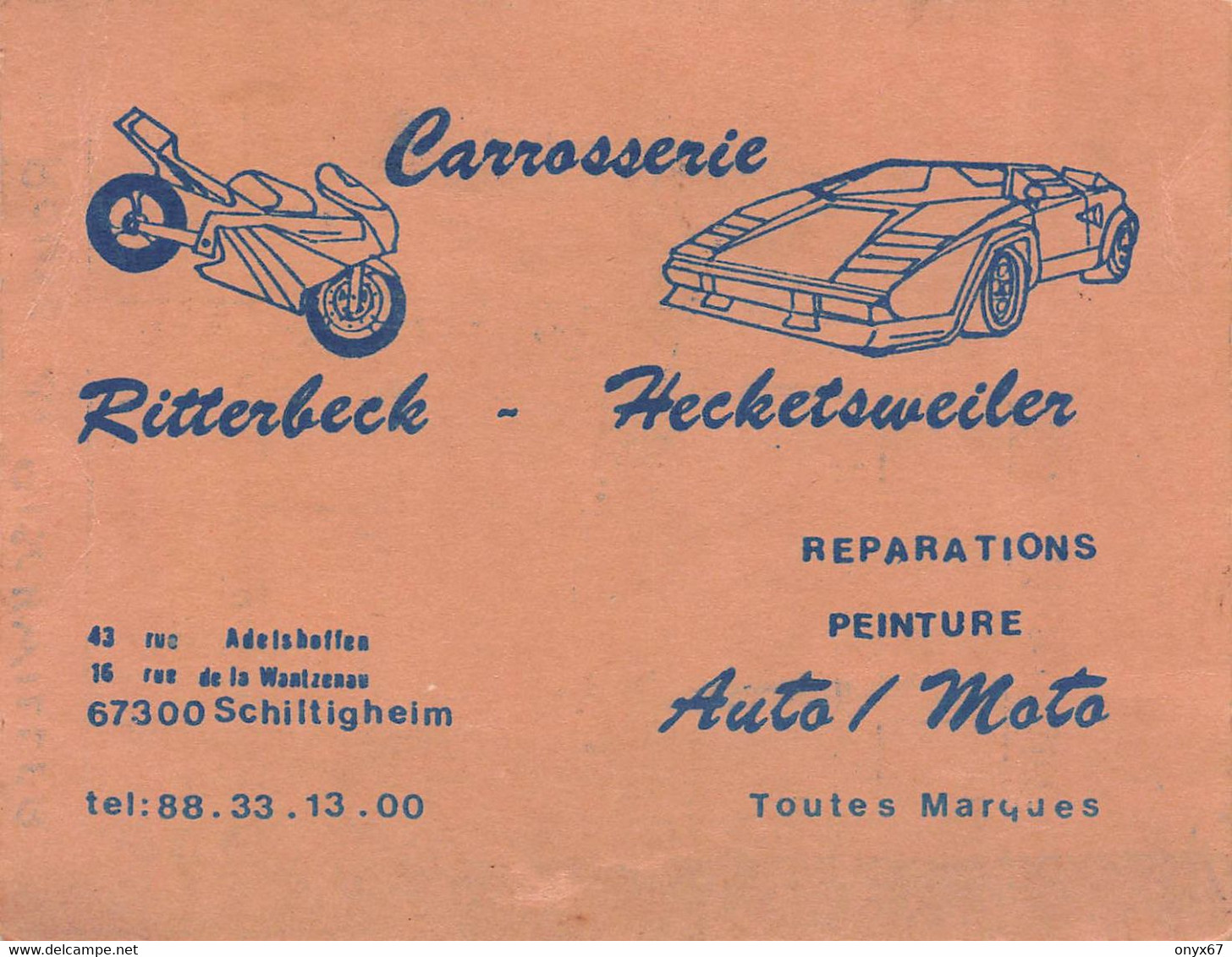 SCHILTIGHEIM-67-Bas-Rhin-CARTON PUBLICITAIRE 13 X 10 Garage Carrosserie AUTO-MOTO RITTERBECK-HECKETSWEILER - Schiltigheim