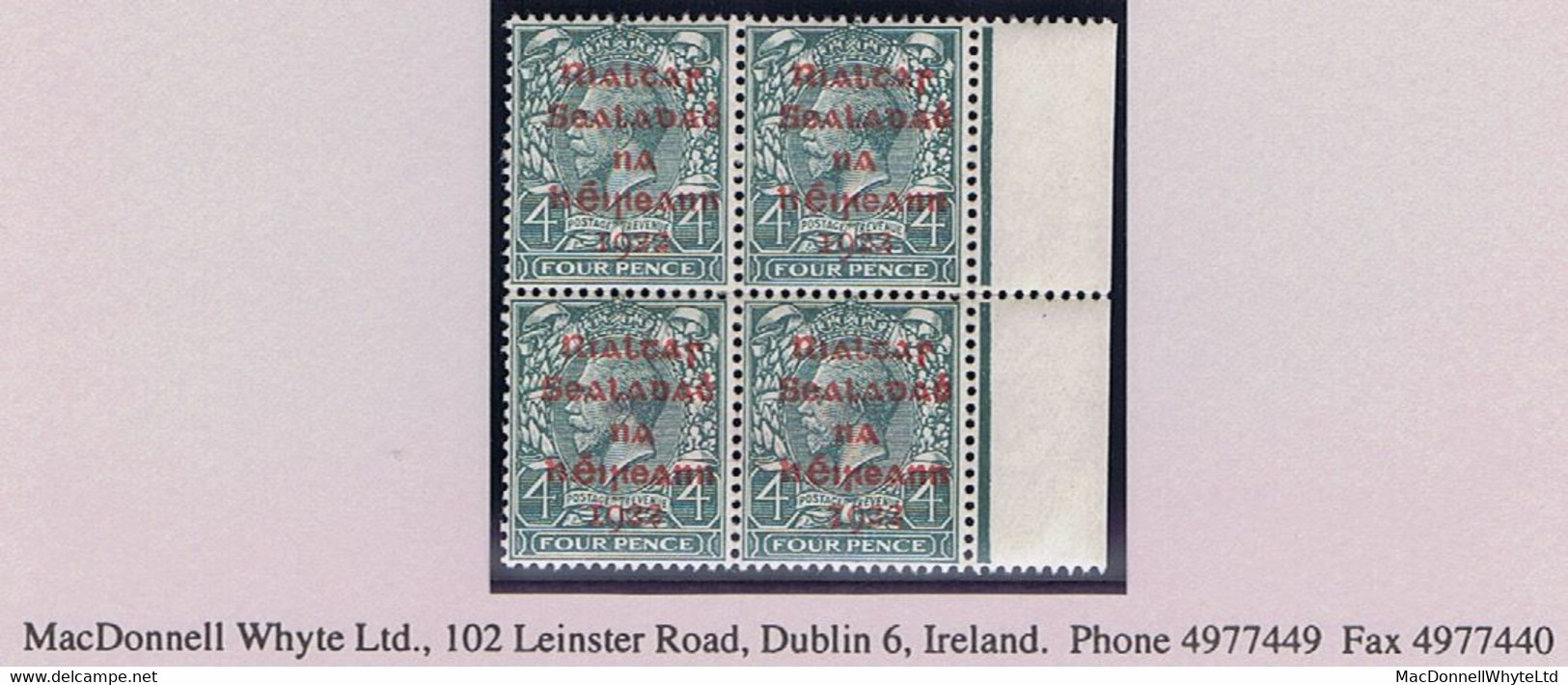 Ireland 1922 Dollard Rialtas Ovpt In Carmine On 4d Grey-green Right Marginal Block Of 4 Mint Unmounted Never Hinged - Neufs