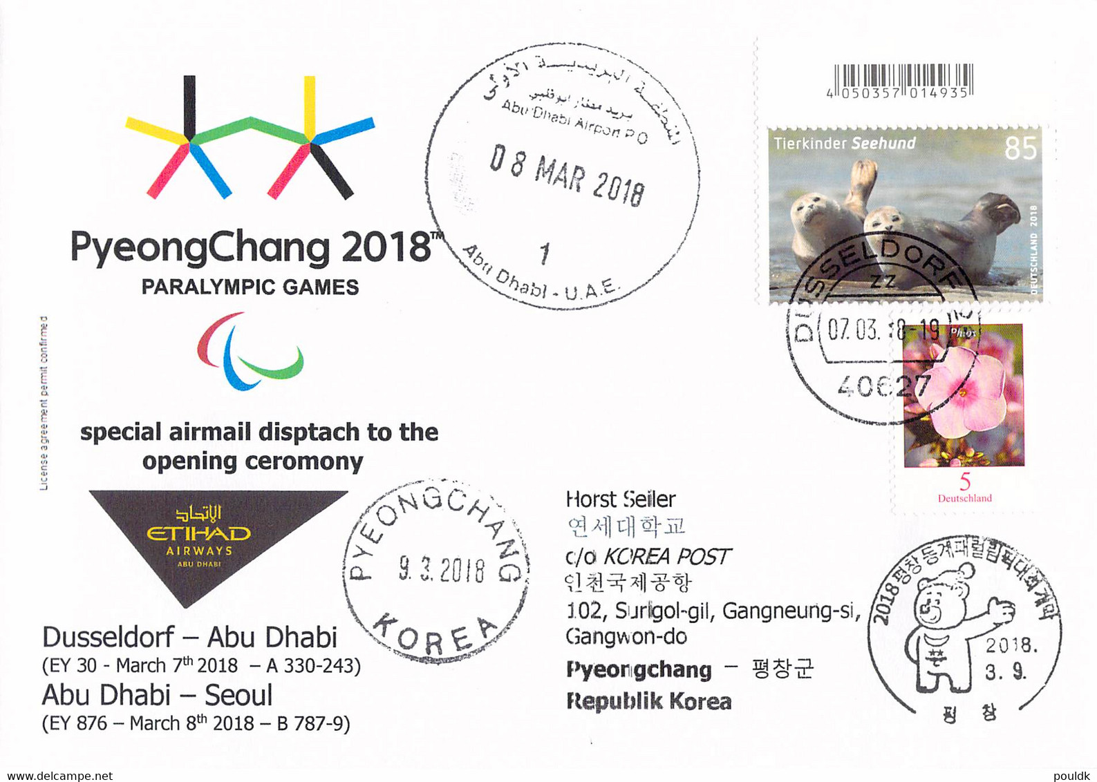Germany Special Airmail Opening Ceremony 2018 PyeongChang Paralympic Games From Düsseldorf Via Abu Dhabi To - Winter 2018: Pyeongchang