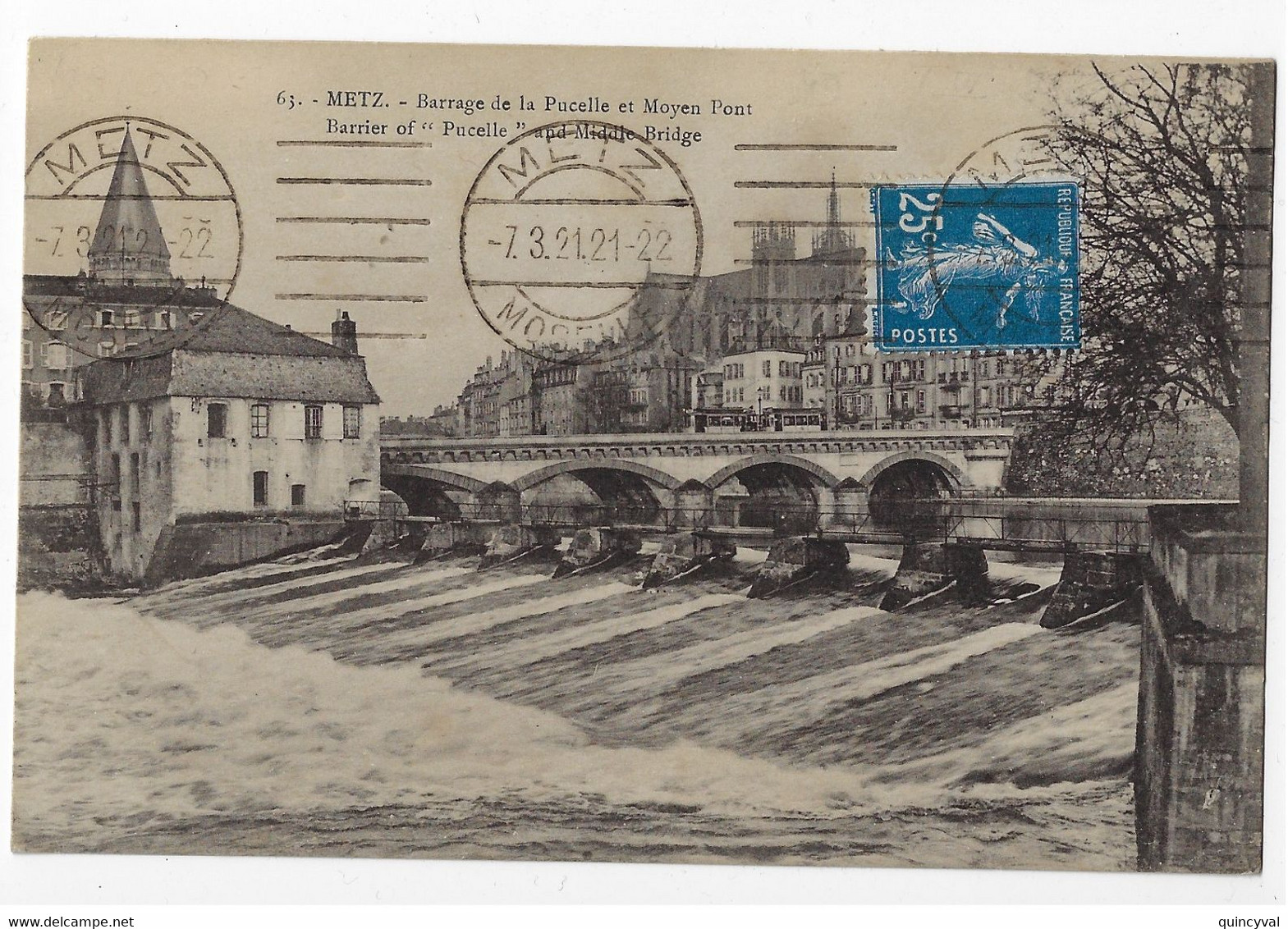 METZ Moselle Carte Postale 25c Semeuse Yv 140 Ob 7 3 1921 Krag Francisée MET111 - Mechanical Postmarks (Other)