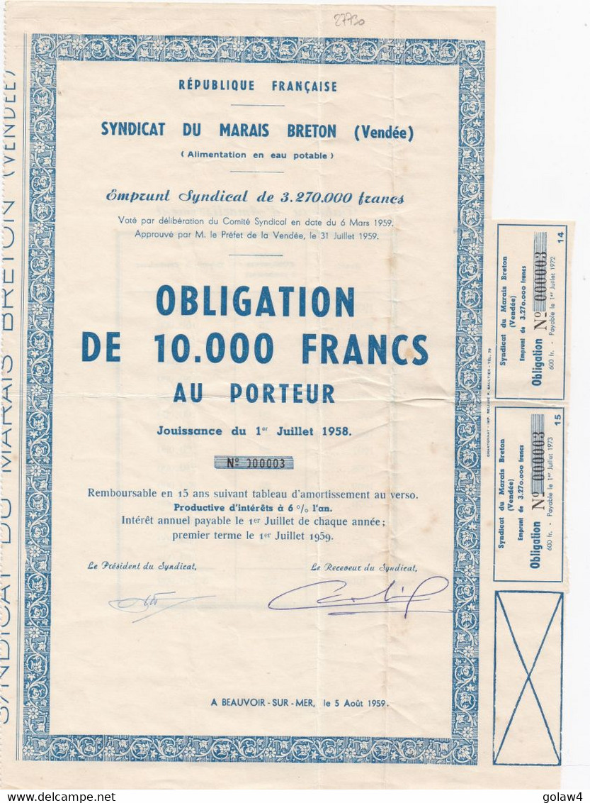 27730# SYNDICAT DU MARAIS BRETON VENDEE OBLIGATION DE 10000 FRANCS AU PORTEUR 1958 EMPRUNT SYNDICAL BEAUVOIR SUR MER - Agriculture