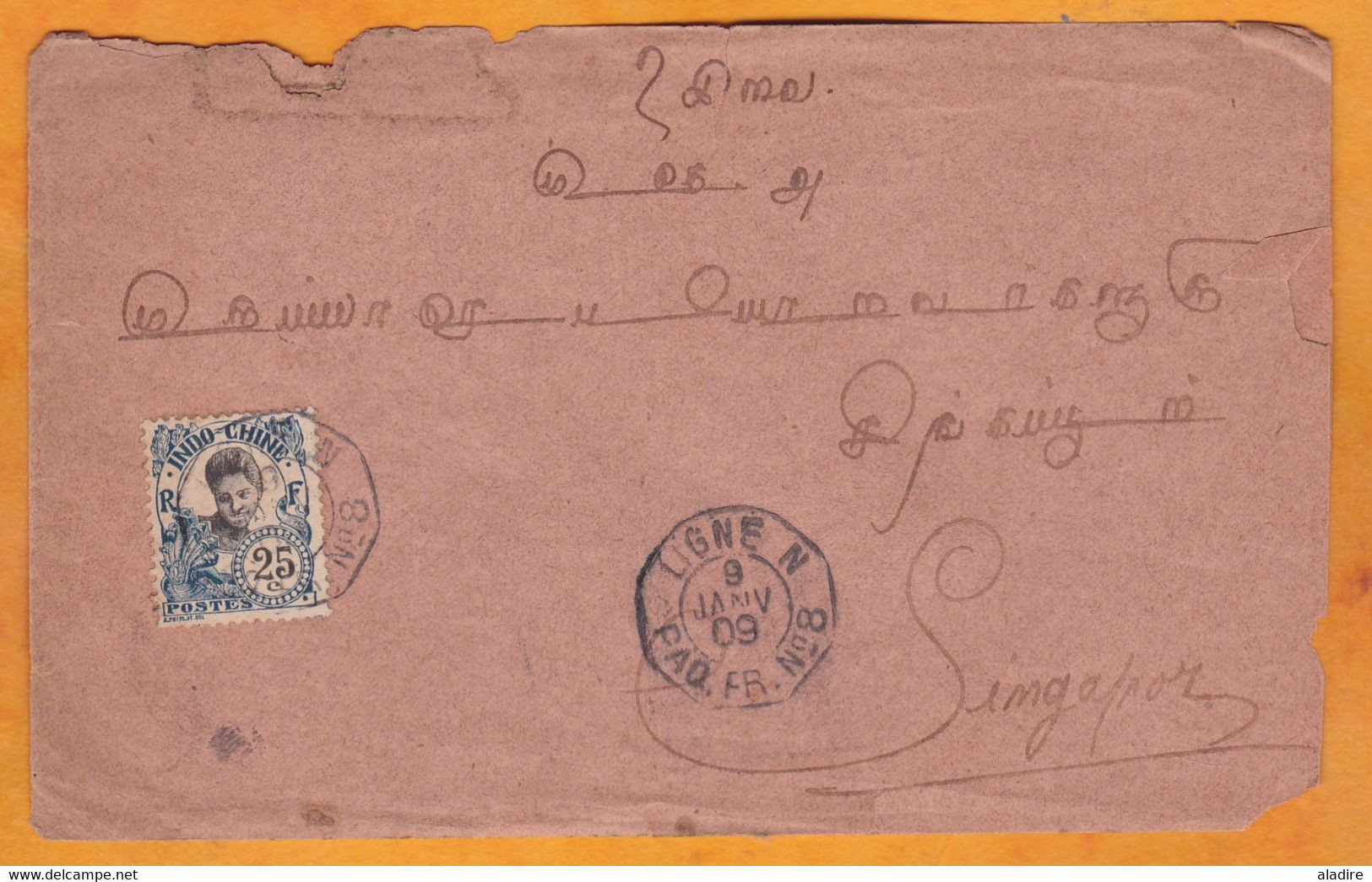 1909 - LIGNE N - PAQ. FR. N° 8 - Enveloppe D' Indochine Vers Singapour, GB - Affranchissement 25 Centimes - Briefe U. Dokumente