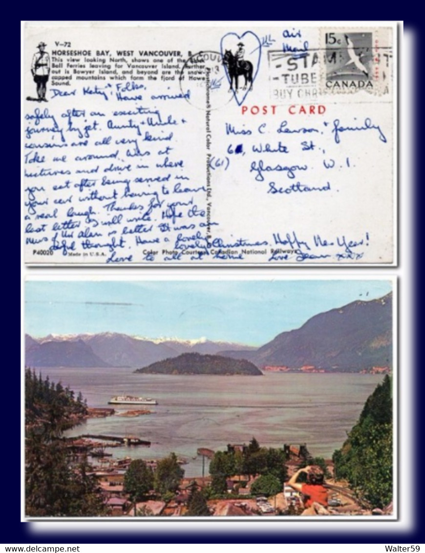 1961 Canada Postcard Horseshoe Bay West Vancouver Posted To Scotland Slogan Stamp Damaged - Postgeschiedenis