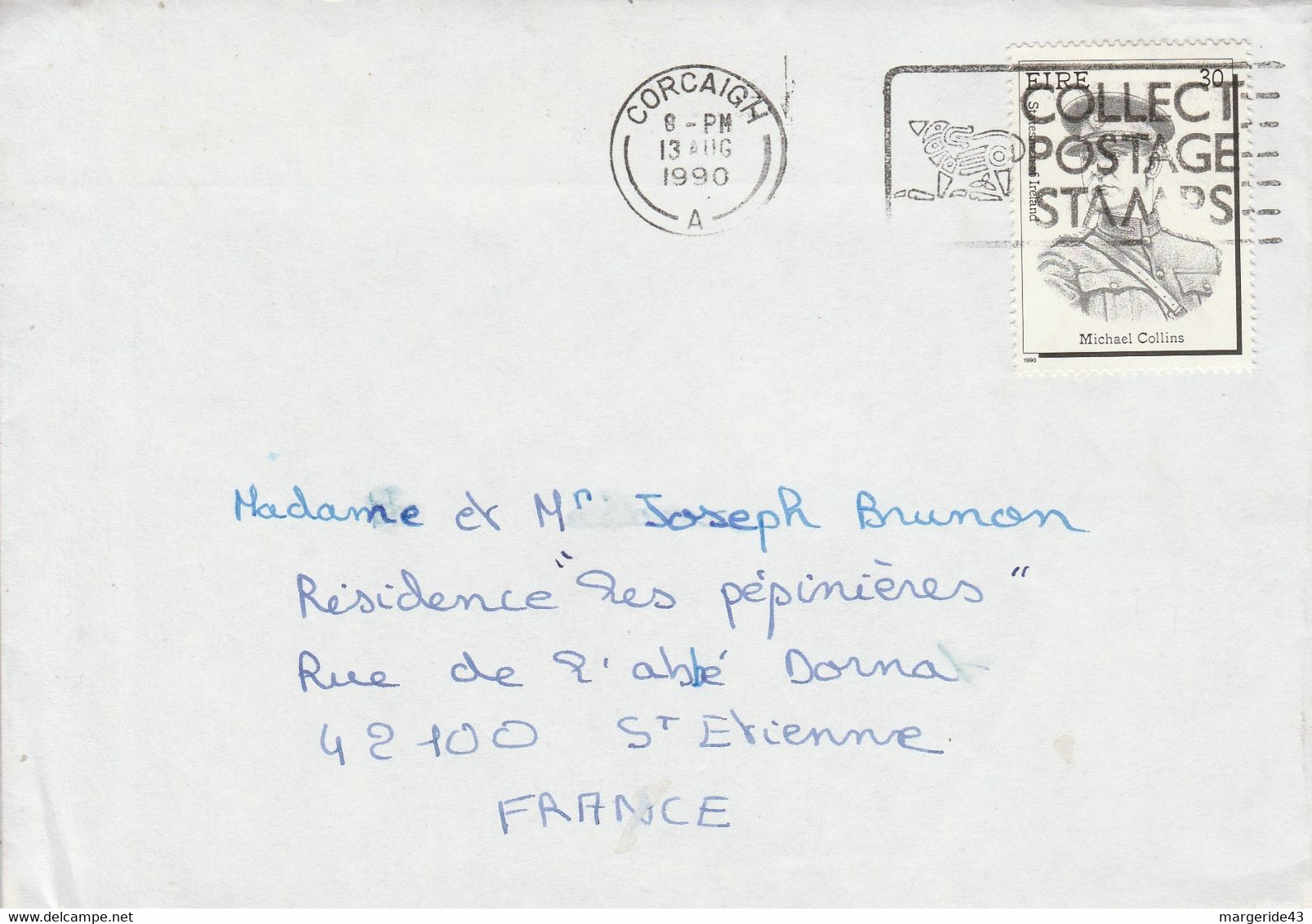 IRLANDE SEUL SUR LETTRE DE CORCAIGH POUR LA FRANCE 1990 - Cartas & Documentos