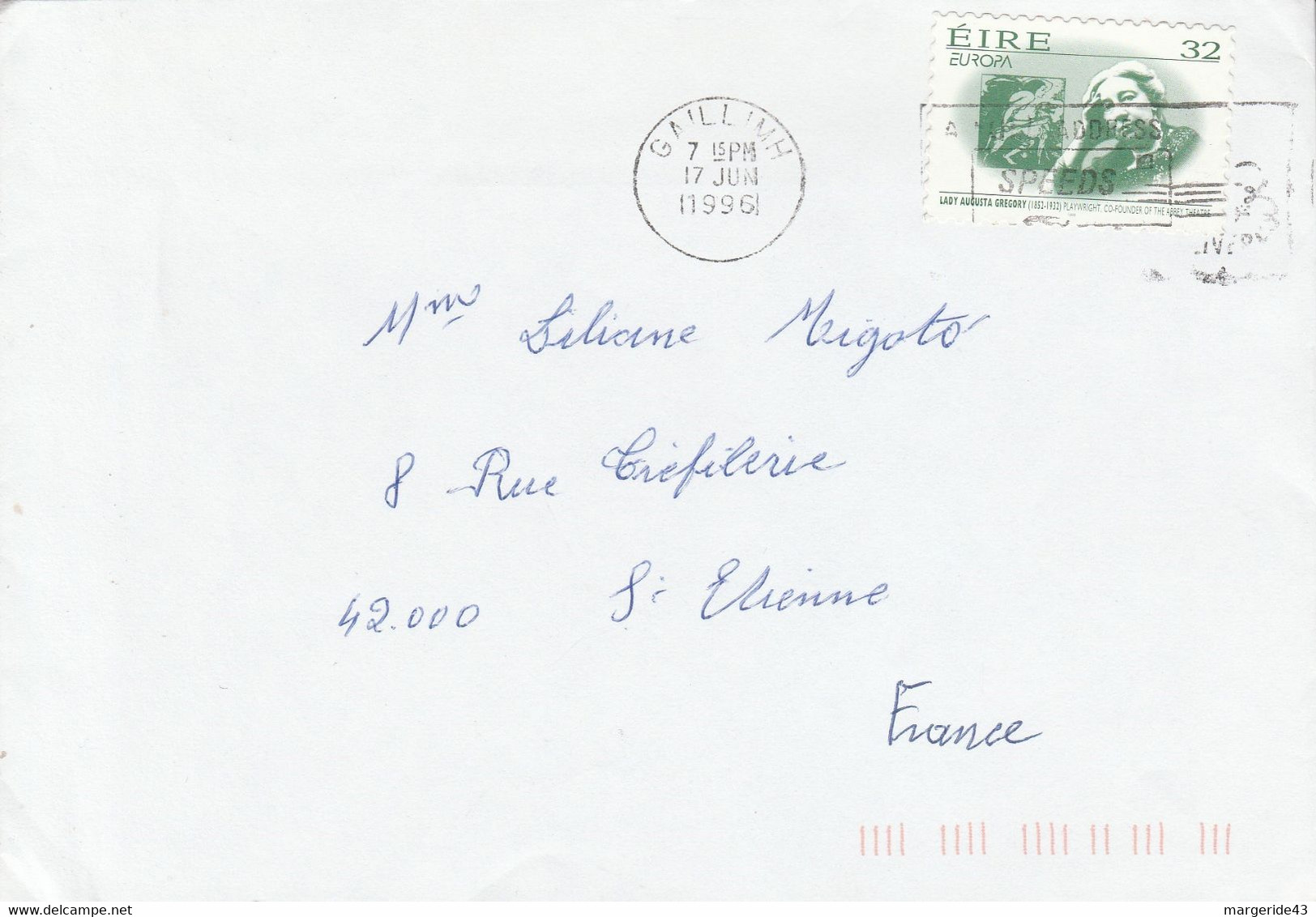 IRLANDE SEUL SUR LETTRE DE GAILLIMH POUR LA FRANCE 1996 - Brieven En Documenten