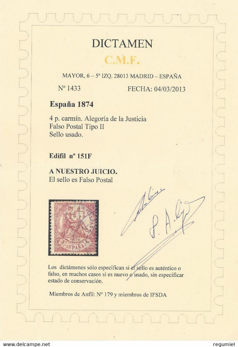 España U 0151F (o) Justicia. 1874. Falso Postal Tipo II - Gebraucht