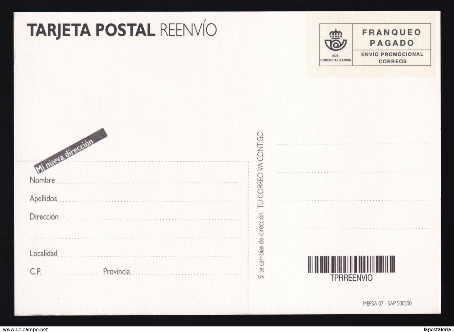 Correos España. *Tarjeta Postal Reenvío - Franqueo Pagado* Nueva. - Franchise Postale