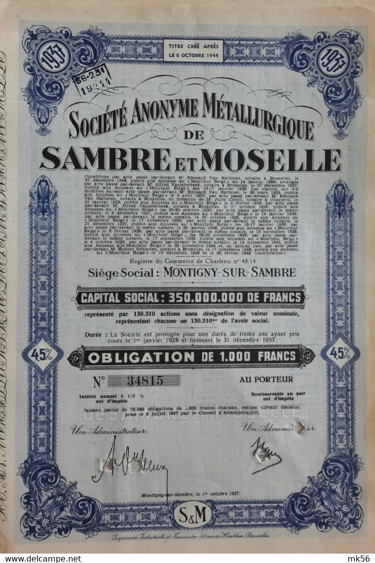 S.A. Métallurgique De Sambre Et Moselle - Obligation De 1000 Francs (1957) - Montigny Sur Sambre - Industrie