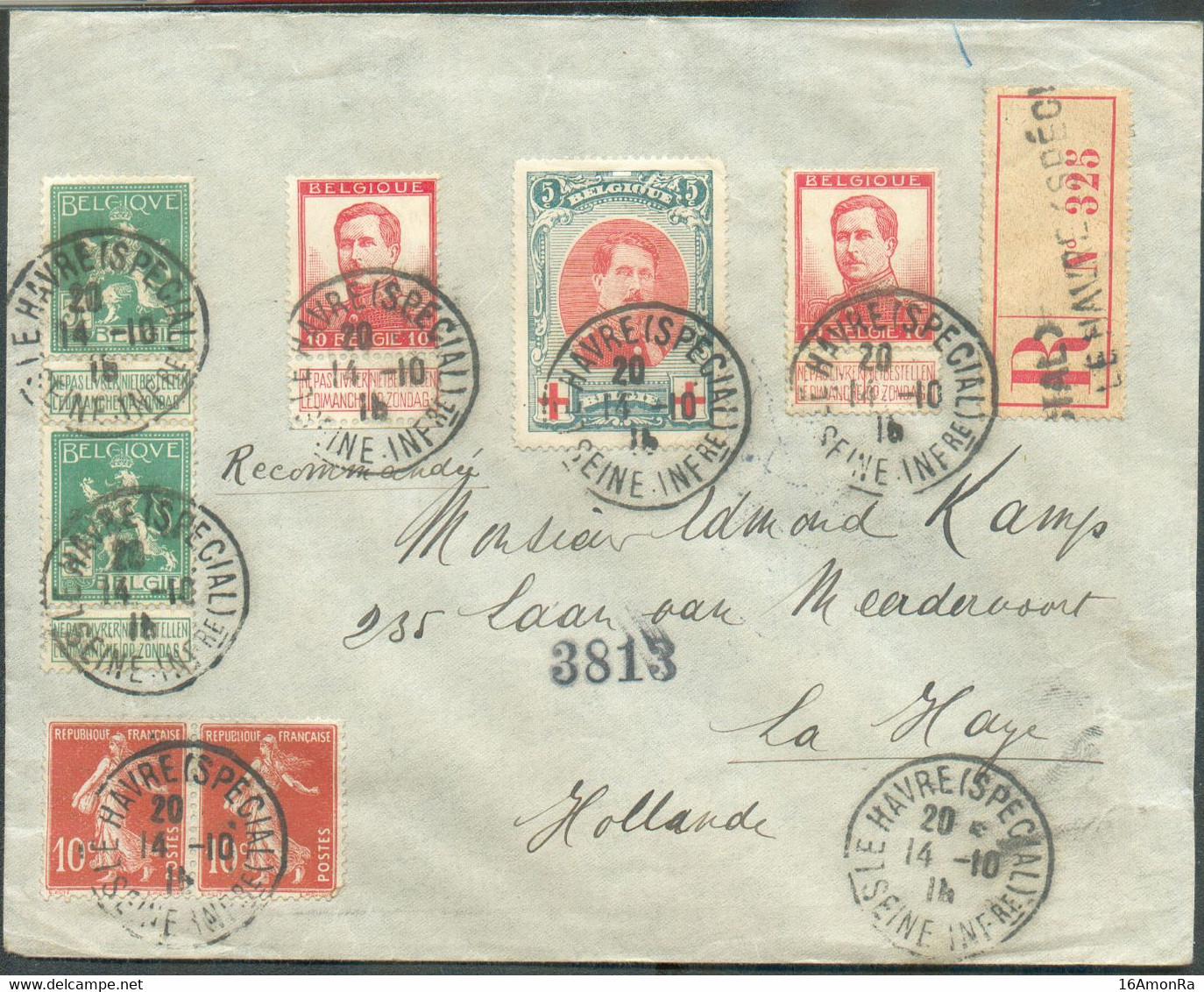 Affr. Mixte FRANCE 20c. Semeuse + Belgique PELLENS 35 Centimes  Obl. Sc LE HAVRE (SPECIAL) Sur Lettre Recommandée Le 14- - Sonstige & Ohne Zuordnung