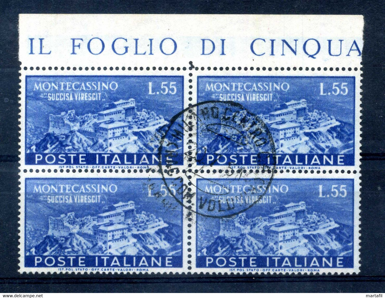 1951 REP. IT. MONTECASSINO USATO 55 Lire Blocco Di 4 Quartina - 1946-60: Oblitérés