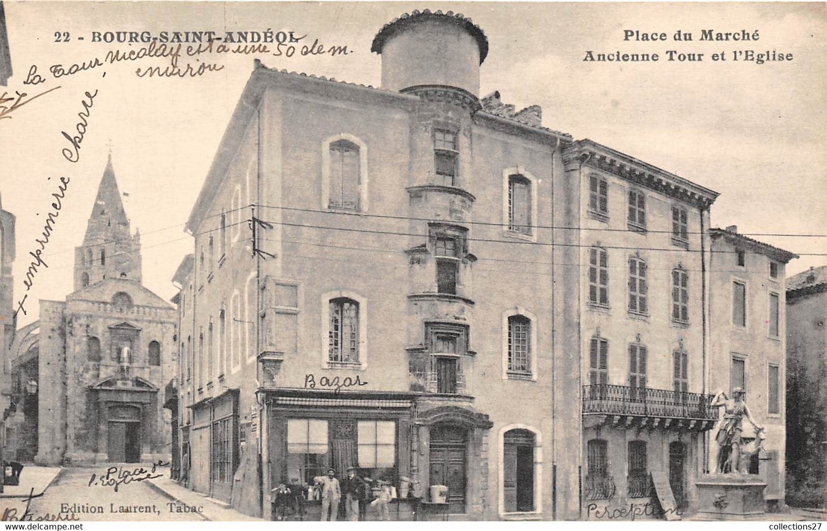 07-BOURG-SAINT-ANDEOL- PLACE DU MARCHE ANCIENNE TOUR ET L'EGLISE - Bourg-Saint-Andéol