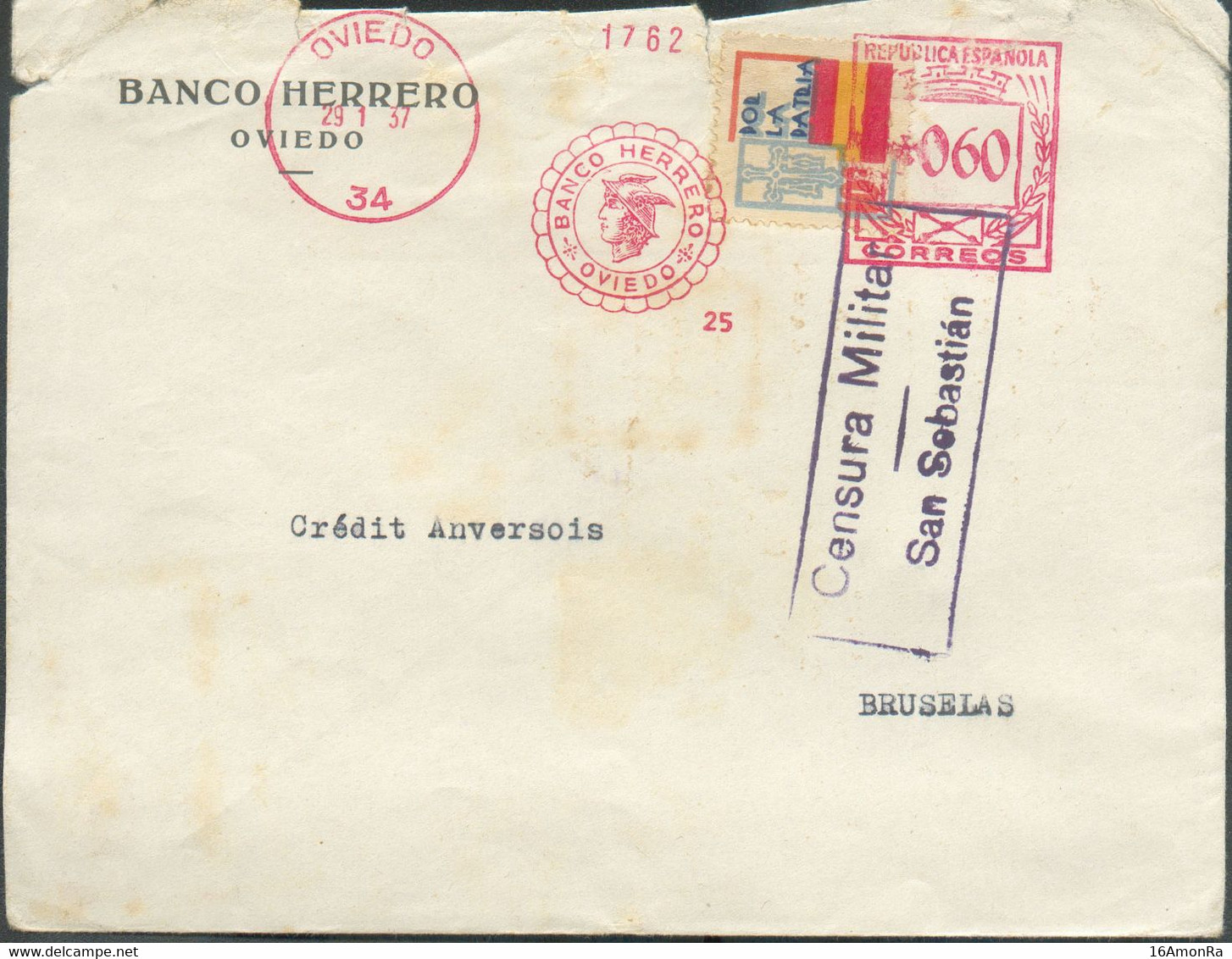 Affr; Mécanique 0,60 + Vignette POR LA PATRIA Obl. Sc OVIEDO 29-1-1937 + Banco Herrero Et Griffe Censura Militar San Seb - Bolli Di Censura Nazionalista