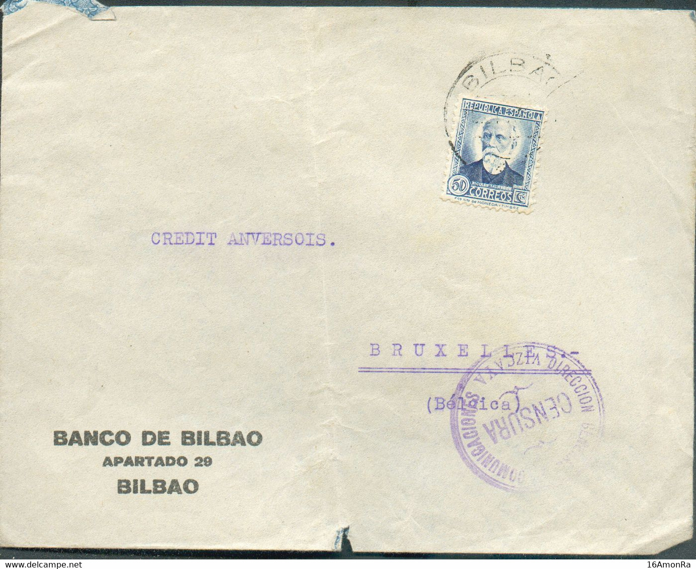 Affr; 50cvos Obl. Sc BILBAO Vers Bruxelles (BE) + Griffe CENSURA Direccion Official Communicaciones Vizcaia - 19168 - Nationalistische Zensur