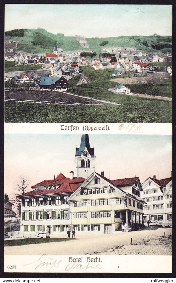 1908 Gelaufene AK, 2 Bildrig, Teufen Mit Hotel Hecht, Gestempelt St. Gallen Nach Basel - Teufen