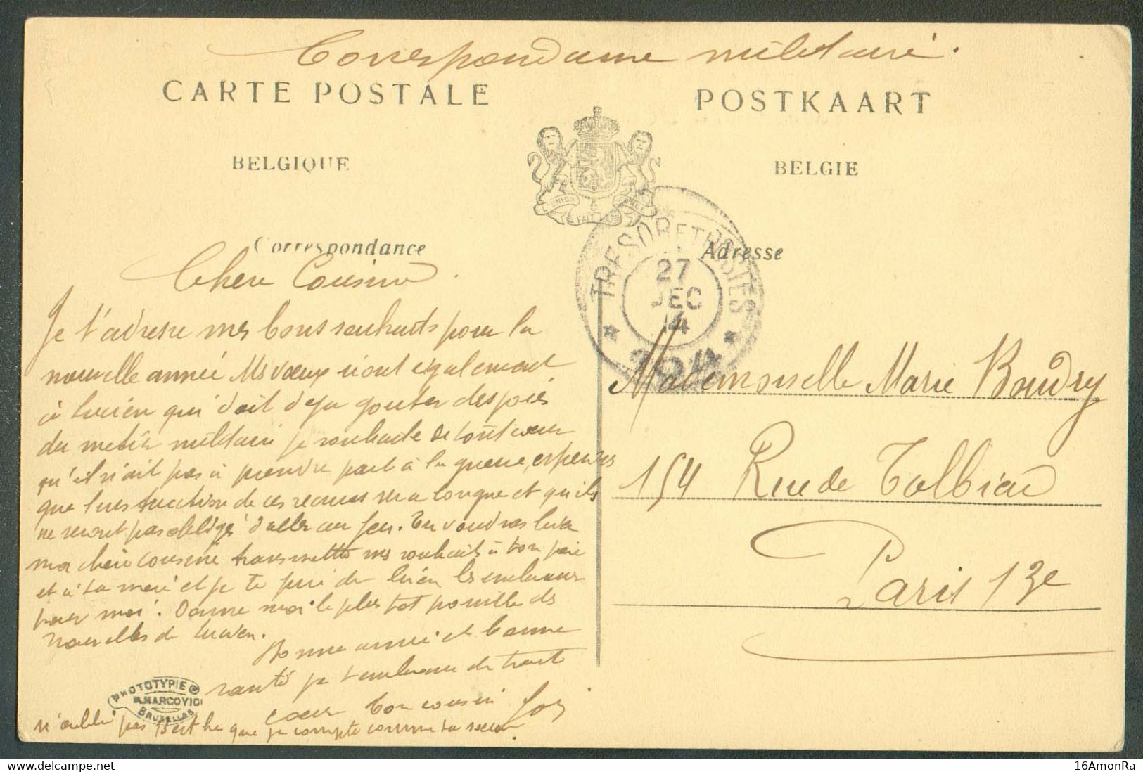 C.V De FURNES VEURNE (Canal Et Pont De Nieuport) Expédiée En Correspondance Militaire Via Cachet Français TRESOR Et POST - Zone Non Occupée