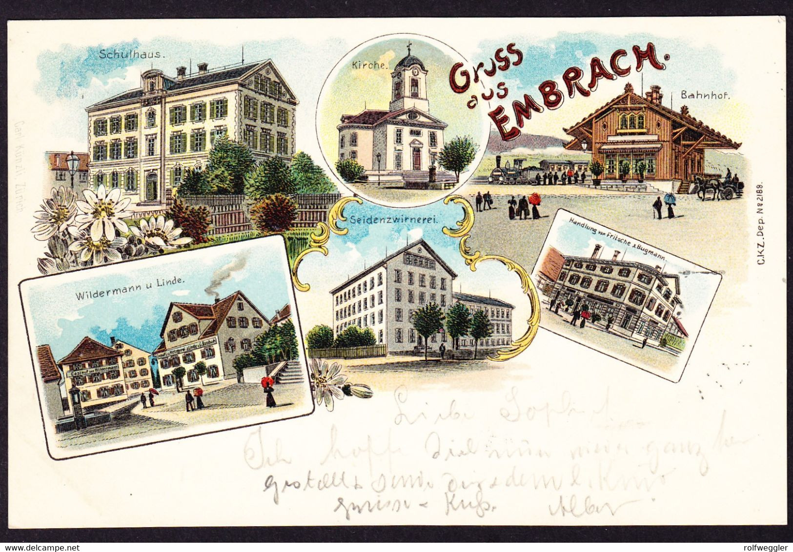 1900 Gelaufene Litho AK, 6 Bildrig Mit Bahnhof. Bahnstempel EMBRACH In Violett. - Embrach