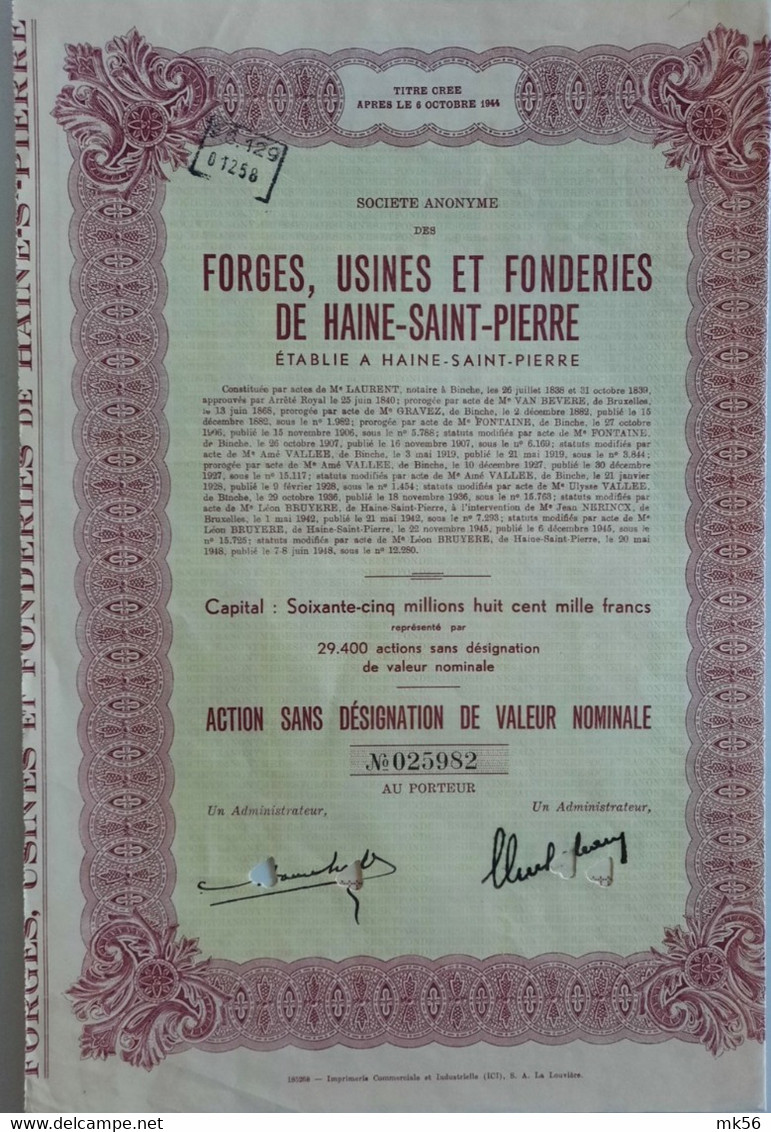 S.A. Forges, Usines Et Fonderies De Haine-Saint-Pierre - Action -1948 - Industrie