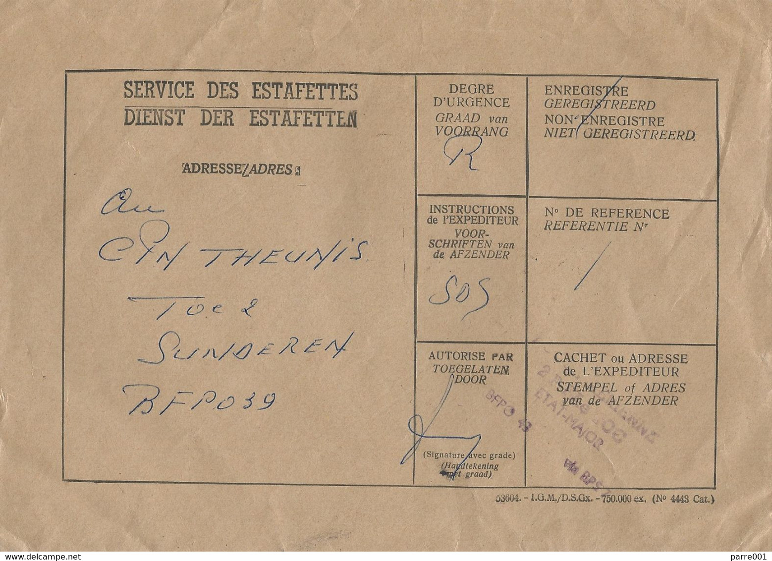 Germany Deutschland 1959 FPO 43 Laarbruch Via BPS 7 Köln-Weiden Belgian Air Force TOC 2 Army Signals FDMG Official Cover - OC38/54 Occupation Belge En Allemagne