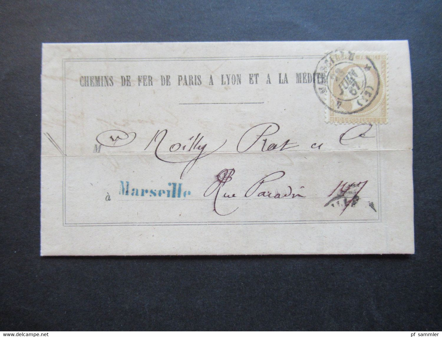 1867 Napoleon III. Nr.20 EF Auf Gedrucktem Brief Marseille Le Chef De Gare / Cehmins De Fer De Paris Blauer L1 Marseile - 1862 Napoléon III