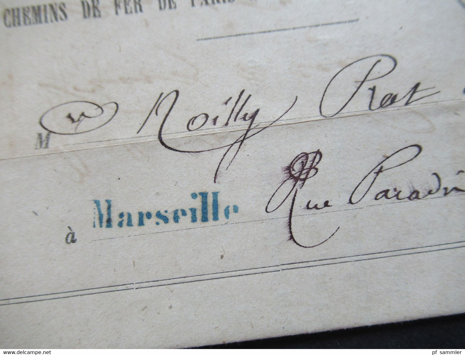 1867 Napoleon III. Nr.20 EF Auf Gedrucktem Brief Marseille Le Chef De Gare / Cehmins De Fer De Paris Blauer L1 Marseile - 1862 Napoléon III