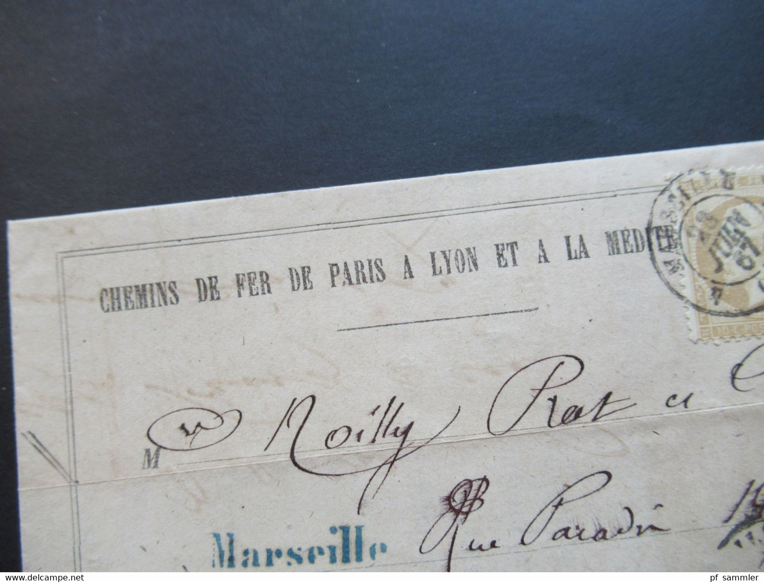 1867 Napoleon III. Nr.20 EF Auf Gedrucktem Brief Marseille Le Chef De Gare / Cehmins De Fer De Paris Blauer L1 Marseile - 1862 Napoléon III