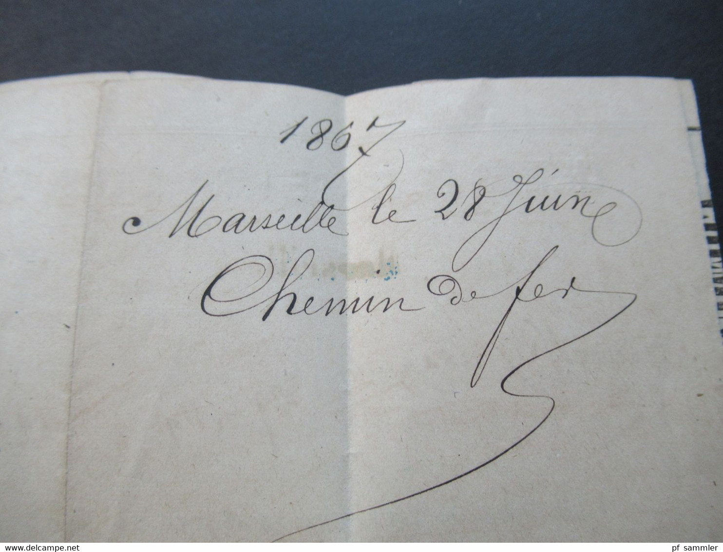 1867 Napoleon III. Nr.20 EF auf gedrucktem Brief Marseille Le Chef de Gare / Cehmins de Fer de Paris blauer L1 Marseile