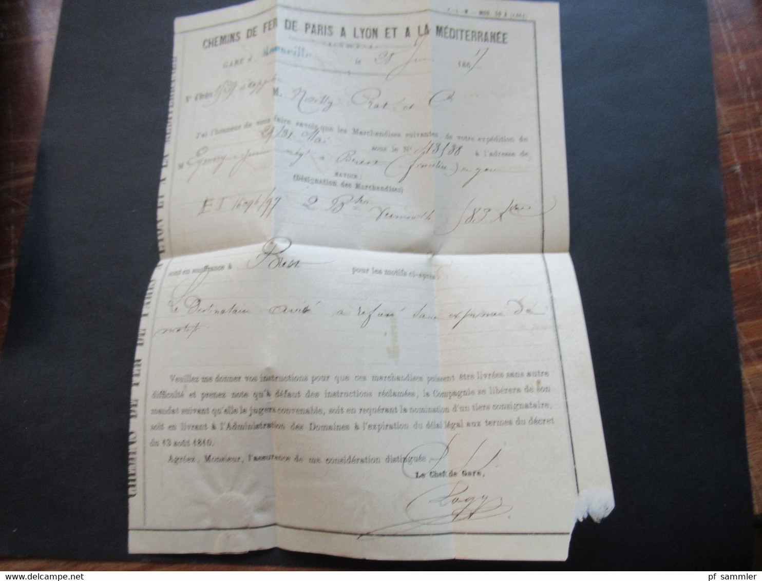 1867 Napoleon III. Nr.20 EF auf gedrucktem Brief Marseille Le Chef de Gare / Cehmins de Fer de Paris blauer L1 Marseile