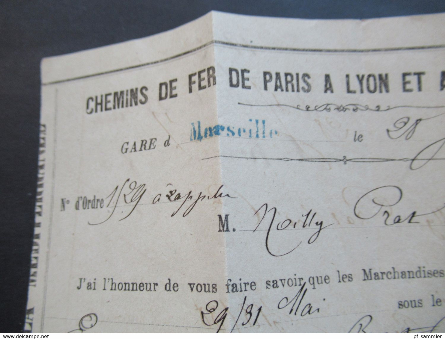 1867 Napoleon III. Nr.20 EF auf gedrucktem Brief Marseille Le Chef de Gare / Cehmins de Fer de Paris blauer L1 Marseile