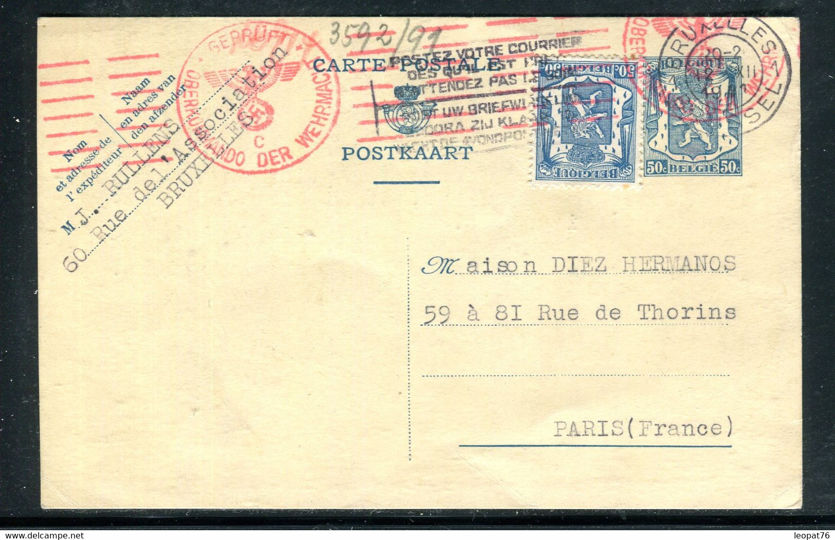 Belgique - Entier Postal + Complément De Bruxelles Pour Paris En 1941 Avec Contrôle Allemand  - Réf M 4 - Postcards 1934-1951