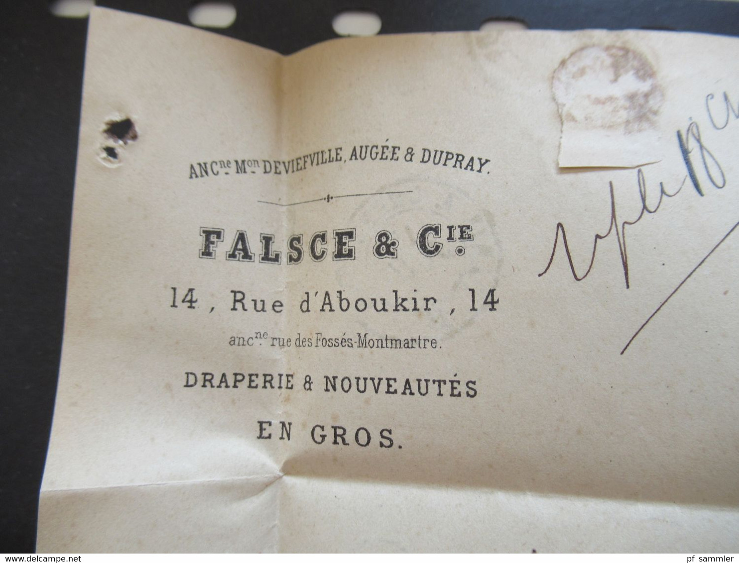 Frankreich 17.7.1868 Napoleon III. Nr.28 mit Sternstempel Paris - Elbeuf Falsce & Cie Rue d'Aboubir 14 Draperie & Nouvea