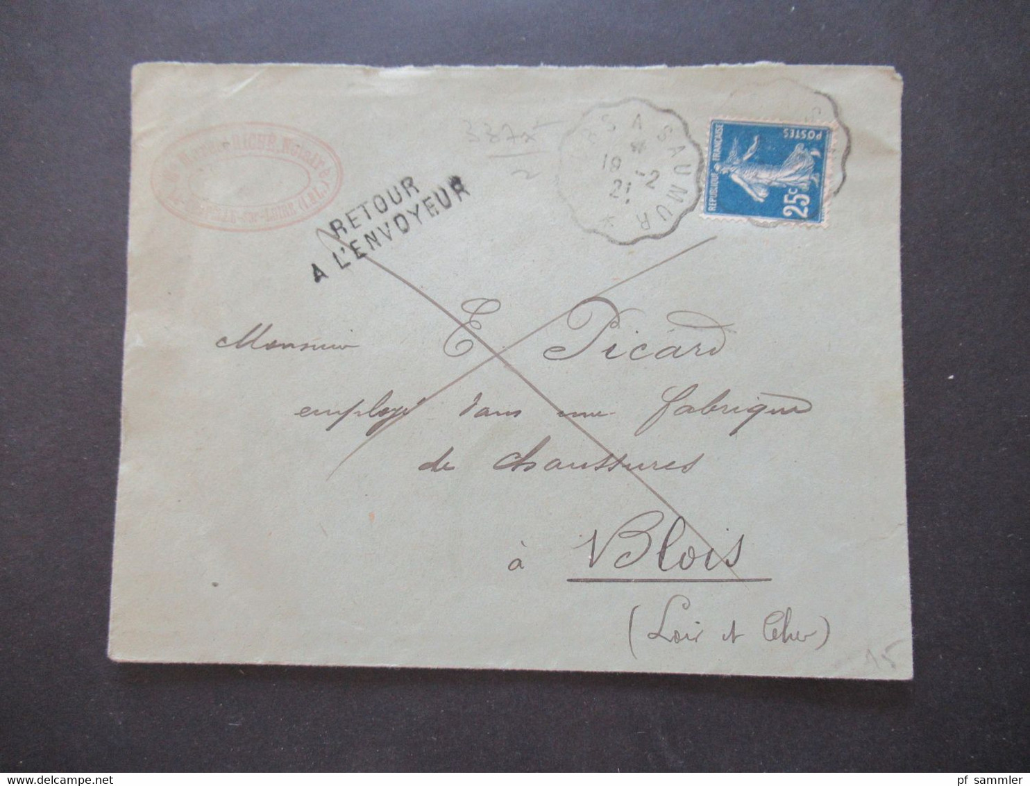 Frankreich 1921 Säerin EF Stempel L2 Retour A L'Envoyeur / Retour Brief Mit Inhalt (Notaire) Handschriftlicher Vermerk - Storia Postale